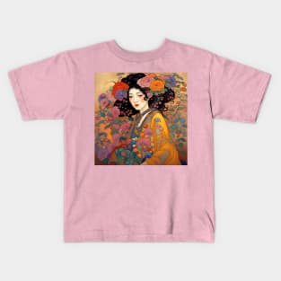 Asian Art Nouveau Woman Beauty with Flowers Kids T-Shirt